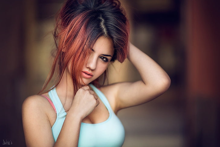 women's teal tank top, Delaia Gonzalez, model, face, portrait