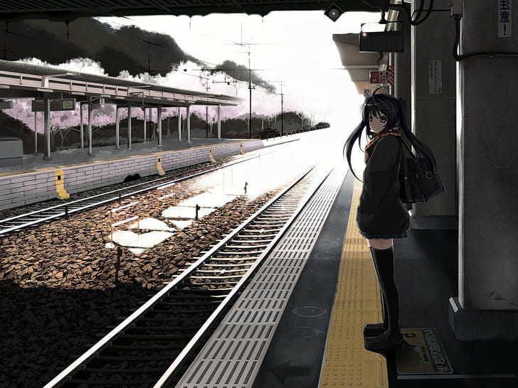 HD wallpaper: anime anime girls schoolgirls waiting train station original  characters | Wallpaper Flare