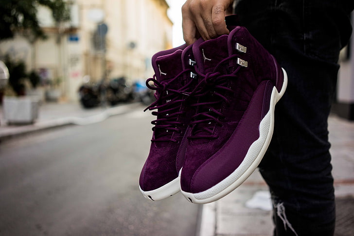 purple-and-white Air Jordan basketball shoes, sneakers, sports