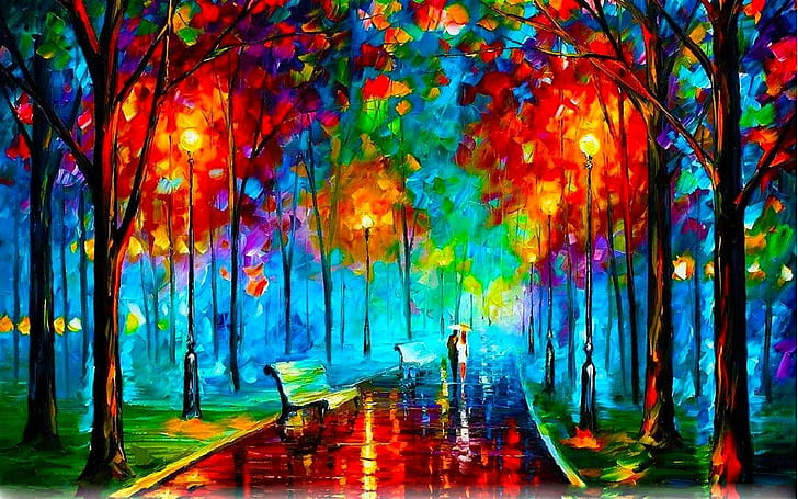 bench, Colorful, Fall, Leonid Afremov, painting, park, path