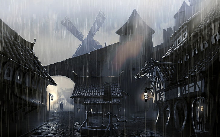 black tavern painting, rain, village, building, fantasy art, fantasy city