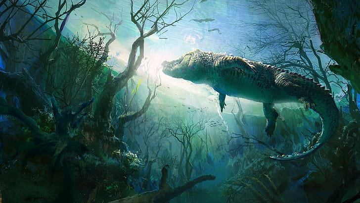 digital art, painting, UFO, underwater, nature, animals, crocodiles