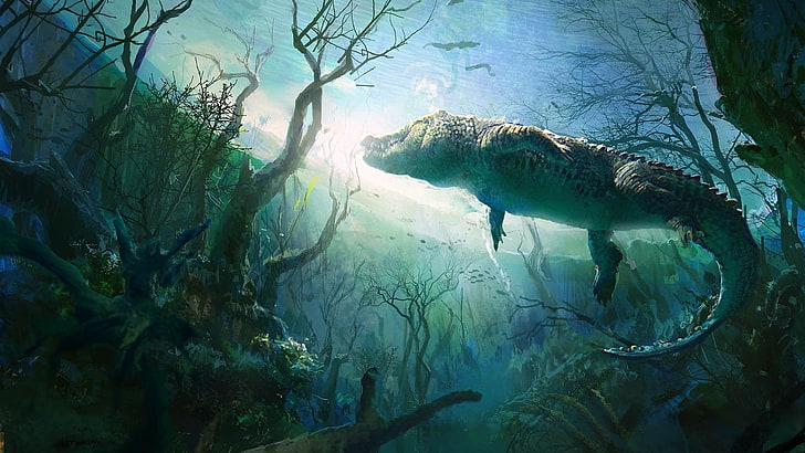 gray crocodile under water, nature, animals, digital art, underwater