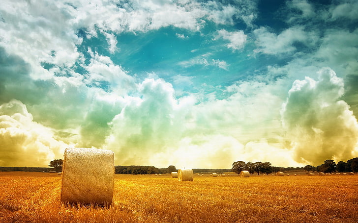 nature, landscape, haystacks, clouds, field, filter, cloud - sky, HD wallpaper