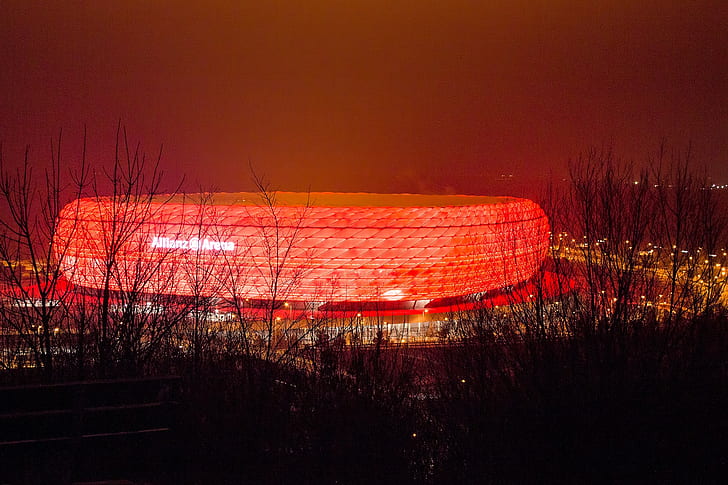 Allianz Arena, Munich, Germany, red lighted dome, stadium, the Allianz Arena, HD wallpaper