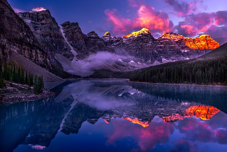 mountains, lake, reflection, dawn, morning, Canada, Albert, HD wallpaper