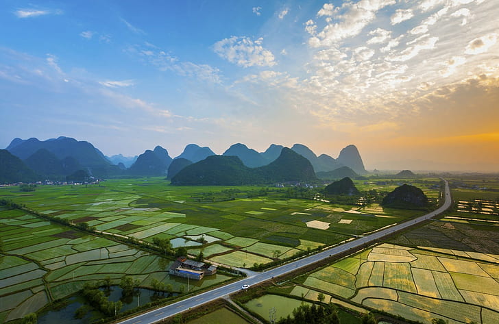 China, village, sunset, mountains, clouds, rice paddy, nature, HD wallpaper