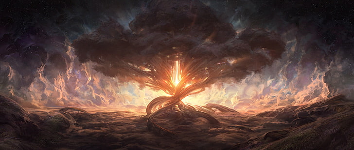 brown tree digital wallpaper, Noah Bradley, fantasy art, sky