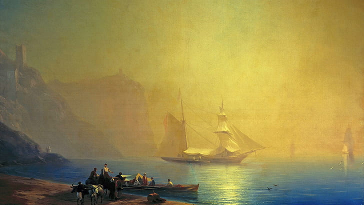 boat, Ivan Konstantinovich Aivazovsky, cliff, artwork, sailing ship, HD wallpaper