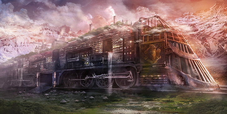steam train digital wallpaper, fantasy art, steampunk, vehicle