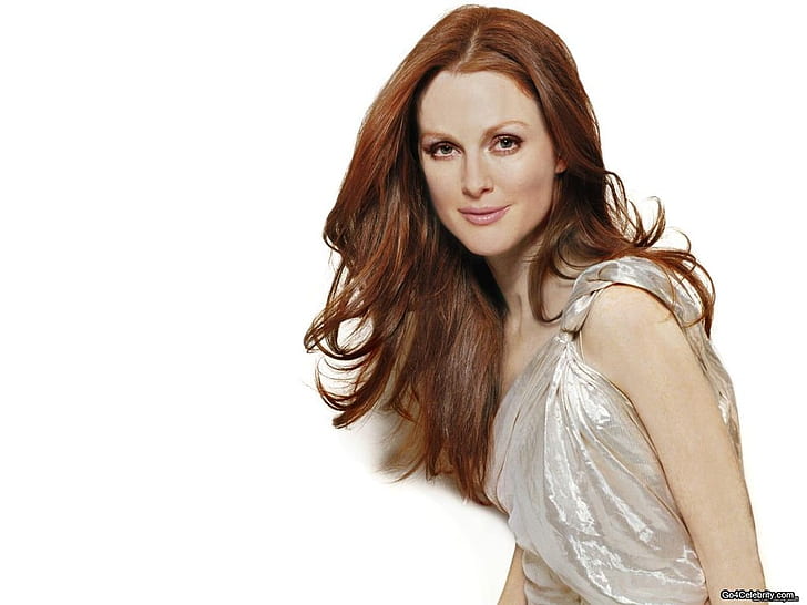 julianne moore actress dress female hair pretty eyes really red smile HD, women's grey one shoulder top
