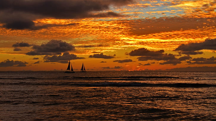 sail boat on body of water, Skies, Oahu, Hawaii, Honolulu, Waikiki, HD wallpaper