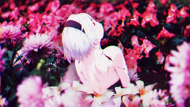 glitch art, flower, Nier: Automata, 2B (Nier: Automata), white hair