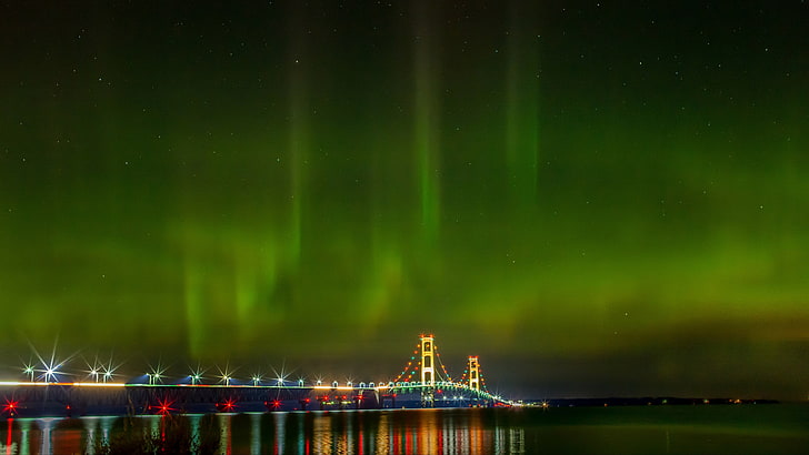 mackinac bridge, aurora borealis, polar lights, night, sky