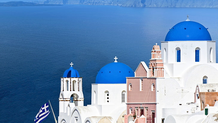 Santorini, Greece, cityscape, building exterior, religion, dome, HD wallpaper