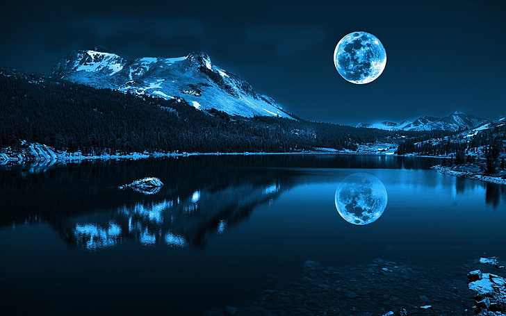 landscape photo of river and forest during full moon, lake, sky