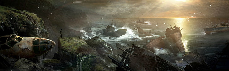 shipwrecks near island digital wallpaper, Tomb Raider, sea, rain, HD wallpaper