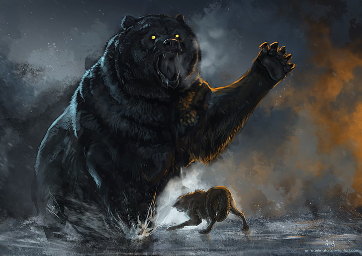 gray bear in front of animal illustration, Battle, Wolf, pets, HD wallpaper