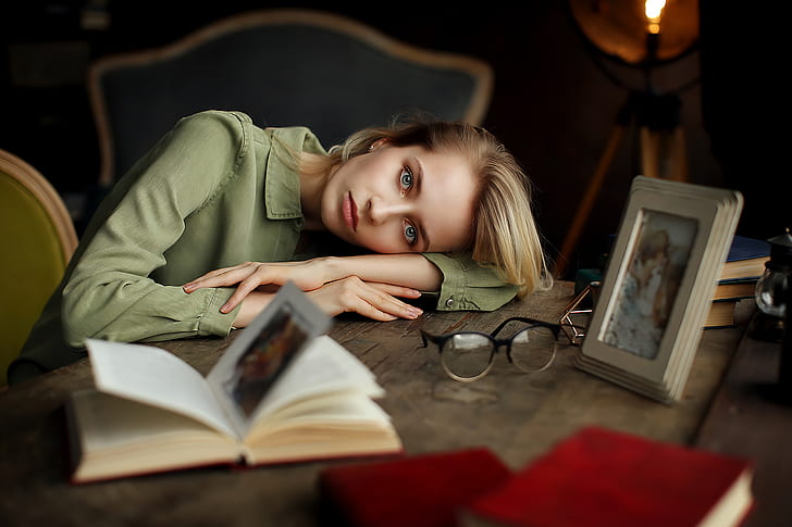 women, blonde, books, glasses, portrait, Dmitry Arhar, sitting