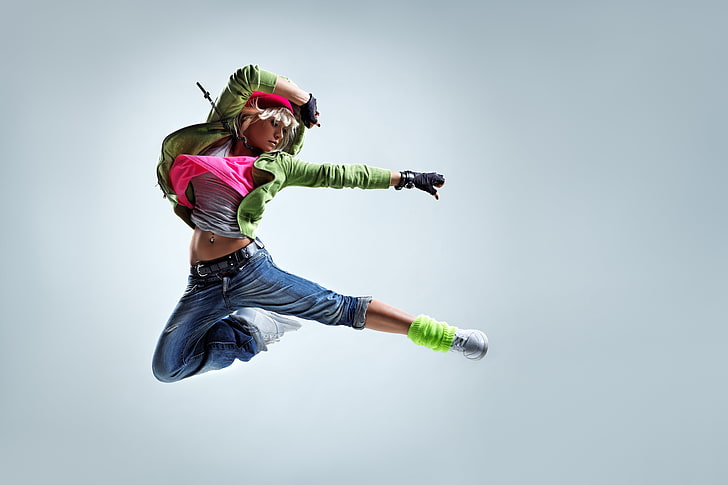 jeans, women, model, mid-air, full length, one person, motion, HD wallpaper