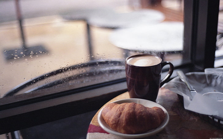 black ceramic mug, rain, coffee, cappuccino, Croissant, cafe