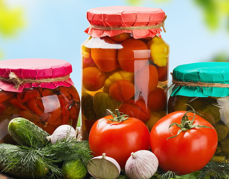 red tomatoes, pickles, cucumbers, food, vegetable, pickled, marinated, HD wallpaper