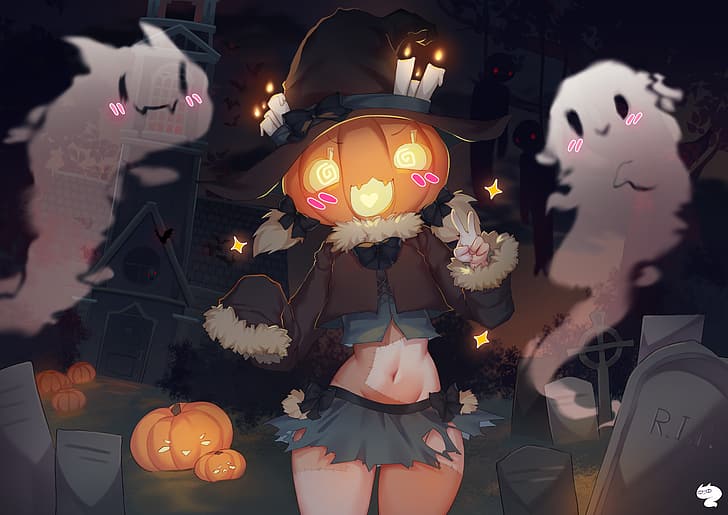 Halloween, pumpkin, witch hat, ghosts, thigh-highs, torn clothes