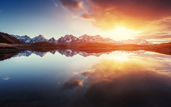 Mountains, Sunrise, Reflections, Dawn, Lake, Morning