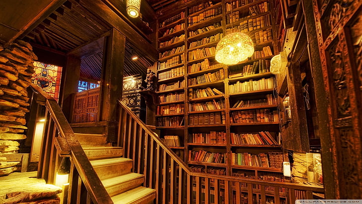 brown wooden bookshelf, library, indoors, architecture, illuminated, HD wallpaper