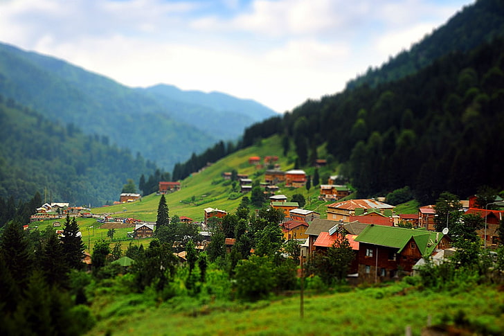 village at middle of mountains, untitled, Turkey, Rize, tilt shift