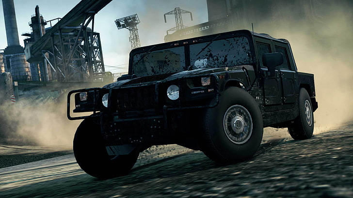 black Hummer H1 SUV, race, dust, dirt, need for speed most wanted 2