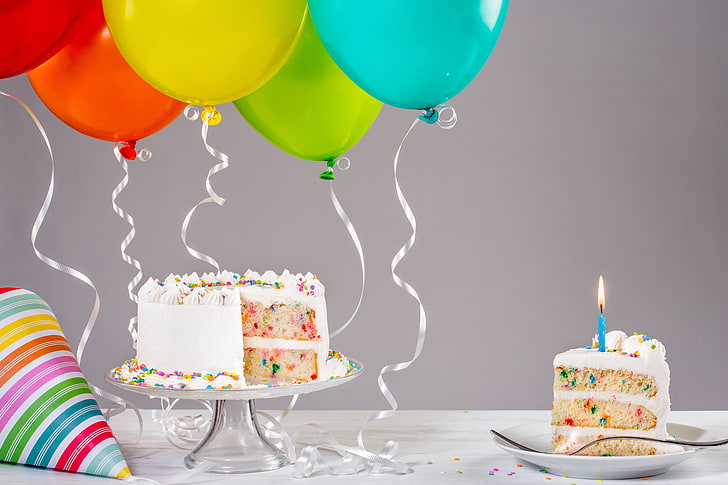 assorted-color balloons, birthday, colorful, cake, Happy Birthday, HD wallpaper