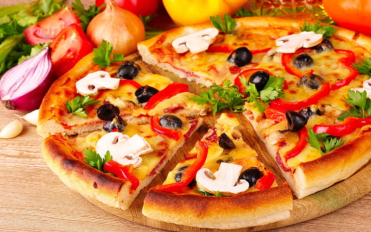 pizza, olives, mushrooms, parsley, paprika, cheese, tomato, food