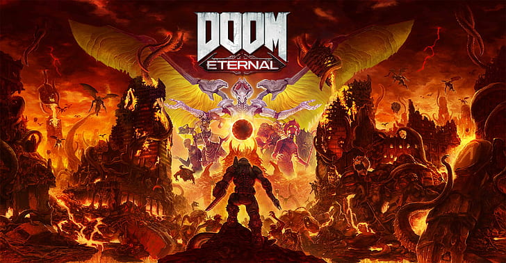 Doom (game), DOOM Eternal, Doom slayer, fantasy armor, fantasy weapon, HD wallpaper