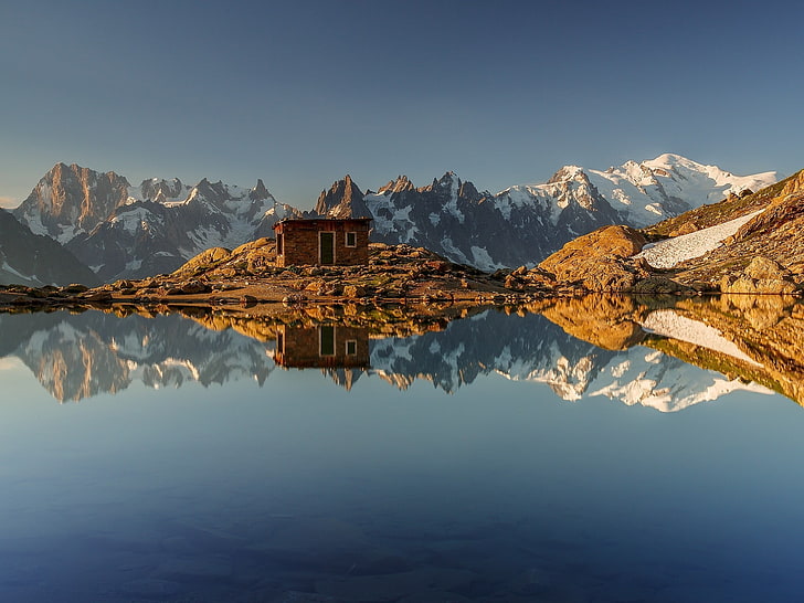 brown brick building, lake chamonix, nature, mountains, reflection, HD wallpaper