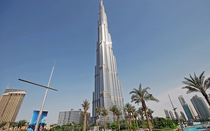 concrete building, dubai, skyscrapers, towers, houses, palm, united Arab Emirates, HD wallpaper