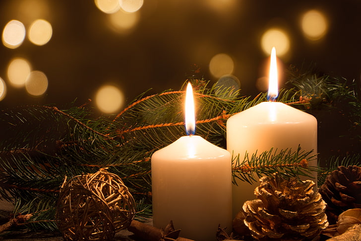two white candles, new year, Christmas, spruce, bump, decoration, HD wallpaper