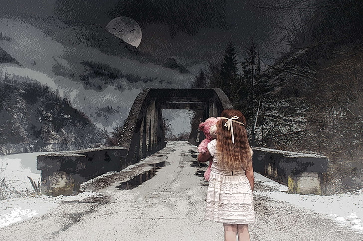 child, desktop backgrounds, fantasy, forest, full moon, girl, HD wallpaper