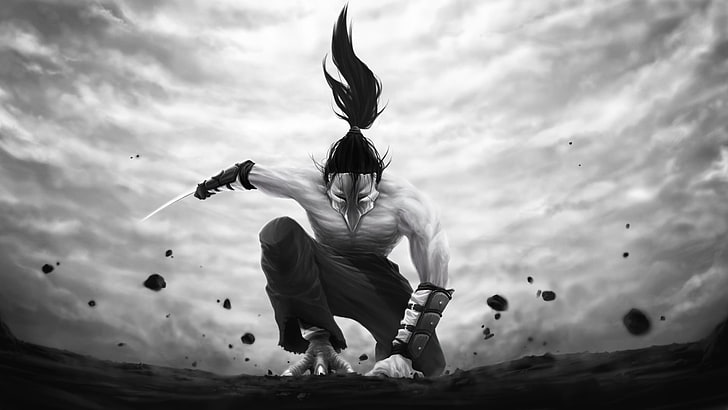 man with blade weapon digital painting, ninjas, white, rock, mask, HD wallpaper