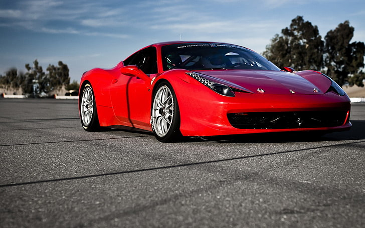 red Ferrari sports car, vehicle, red cars, mode of transportation