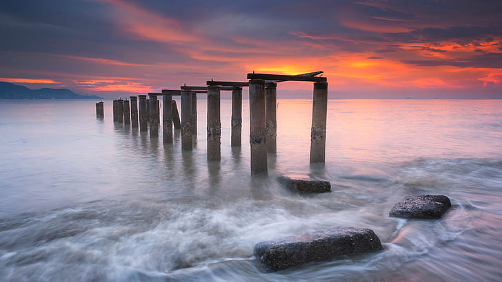 Malaysia Old Pier Wooden Pillars Sea Shore Waves Red Sky Sunset Ultra Hd Wallpapers For Desktop Mobile Phones And Laptop 3840×2160, HD wallpaper