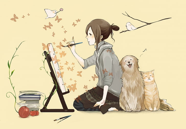 cat, dog, painting, butterfly, birds, anime girls, simple background, HD wallpaper