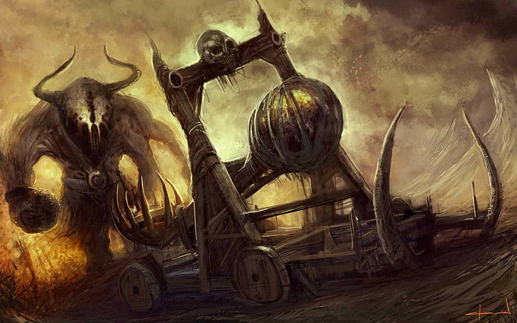 fantasy art, skull, horns, battle, artwork