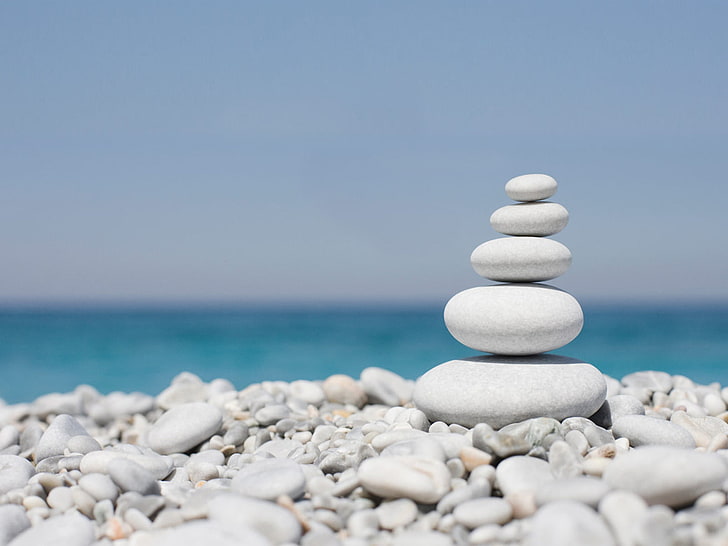 white cairn stones, Religious, Zen, Rock, sea, pebble, water