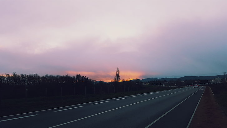 landscape, sunset, sky, clouds, road, traffic, nature, trees