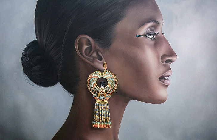 unpaired gold-colored hook earring, woman, portrait, Pharaoh