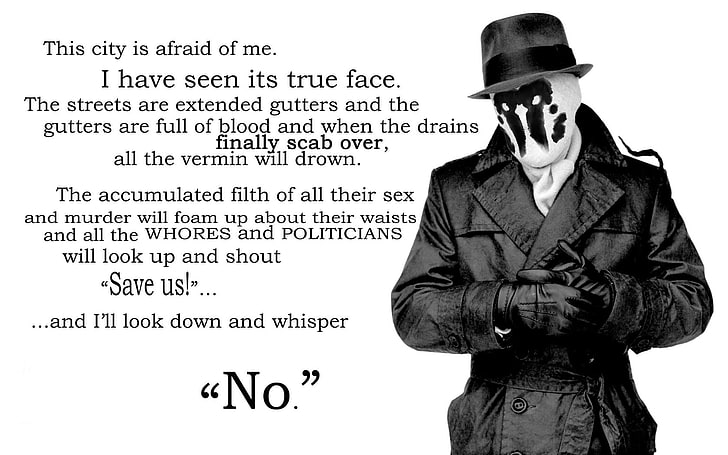 men's black coat with text overlay, Watchmen, quote, Rorschach, HD wallpaper