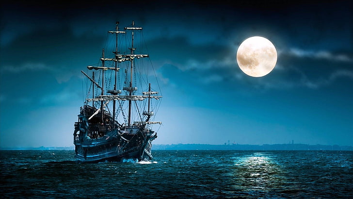 full moon, sea, night sky, schooner, art, sailing ship, ghost ship, HD wallpaper