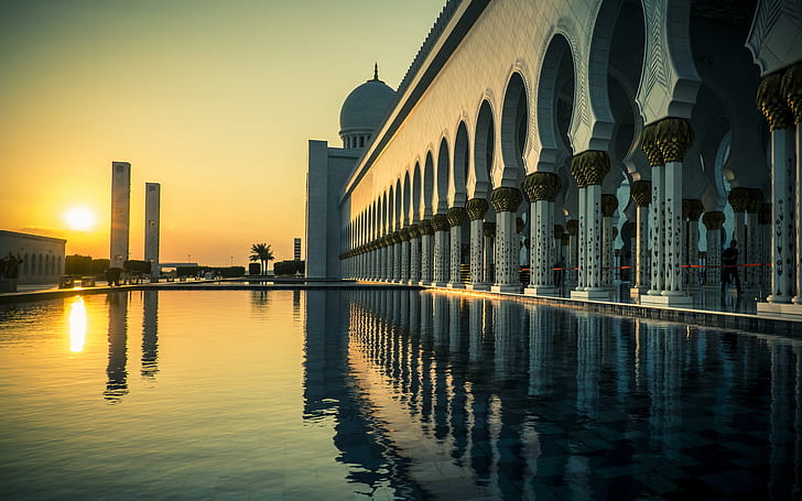 Grand Mosque Abu Dhabi Sunset, World, Religious, muslim, HD wallpaper