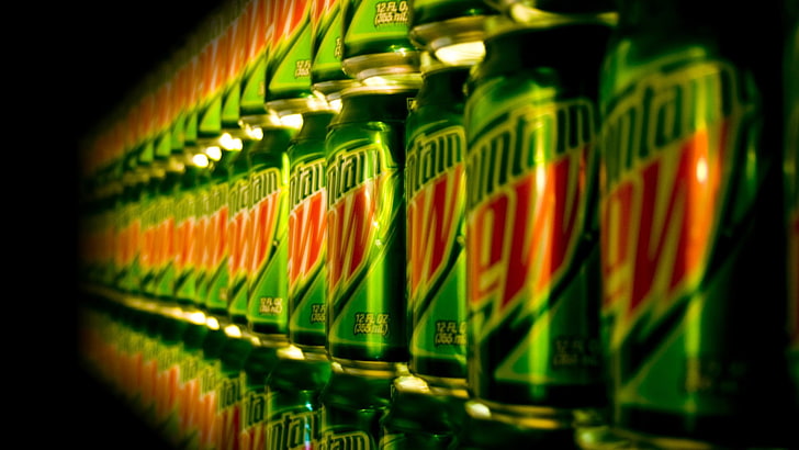 Mountain Dew, can, logo, reflection, metal, black, red, green